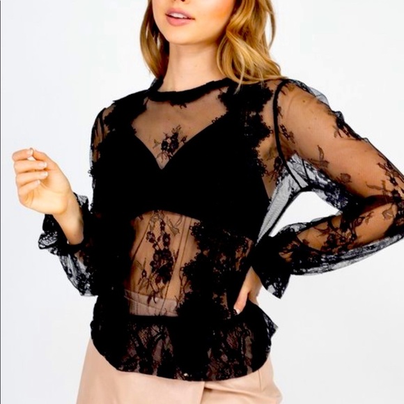 Black Sheer Mesh Floral Lace Sheer Long Sleeve Peplum Blouse - Picture 2 of 4